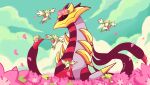  blue_sky cloud field flower flower_field flying giratina giratina_(origin) head_wreath highres horns looking_at_another no_humans petals pokemon pokemon_(creature) shaymin shaymin_(land) shaymin_(sky) sky smile taplaos tentacles 