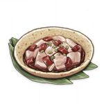  artist_request bowl chili_pepper commentary english_commentary food food_focus garnish genshin_impact leaf lowres meat muted_color no_humans official_art still_life third-party_source transparent_background 