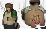  2022 ? anthro anus balls bathroom big_penis bottomwear brown_body butt clothing erection genitals hair hair_over_eyes hi_res humanoid_hands kemono male mammal musk overweight overweight_male pants penis procyonid raccoon shirt solo_focus ssu_open topwear 