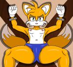  2_tails anthro bdsm blue_eyes bondage bound canid canine clothing fox fur girly gloves handwear hi_res looking_at_viewer male mammal miles_prower multi_tail navel nipples orange_body orange_fur restraints saint_andrew&#039;s_cross sega shinymagpie solo sonic_the_hedgehog_(series) speedo spread_legs spreading swimwear thick_thighs white_body white_clothing white_fur white_gloves white_handwear 