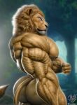  anthro biceps big_butt big_muscles blue_eyes bubble_butt butt claws felid hi_res huge_butt jugg4 lion looking_at_viewer looking_back male mammal muscular nipples nude pantherine solo triceps veiny_muscles 
