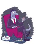  anthro beverage clothed clothing crossed_legs disney furniture grey_body hair hi_res lizard looking_at_viewer male missing_finger necktie reptile scalie sitting sofa solo star_vs._the_forces_of_evil suit toffee_(svtfoe) unknown_artist yellow_eyes 