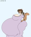  2009 anthro belly big_belly big_breasts big_butt breasts brown_eyes brown_hair butt chipmunk clothed clothing digital_media_(artwork) female gown ground_squirrel hair hand_on_hip huge_breasts huge_butt hyper hyper_belly mammal ponytail pregnant rodent satsumalord sciurid simple_background solo terry_(satsumalord) thick_thighs 