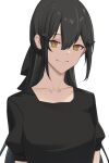  1girl act_(xadachit) bangs black_hair black_shirt breasts closed_mouth collarbone dandelion_(girls&#039;_frontline) eyebrows_visible_through_hair girls&#039;_frontline hair_ornament hairclip long_hair looking_at_viewer shirt smile solo upper_body white_background yellow_eyes 