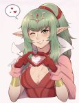  1girl absurdres breasts cape cleavage evomanaphy finger_heart fire_emblem fire_emblem_awakening gloves green_eyes green_hair heart high_collar highres jewelry looking_at_viewer necklace one_eye_closed pink_cape pointy_ears ponytail red_gloves red_neckwear red_shirt shirt smile speech_bubble spoken_heart tiki_(fire_emblem) 