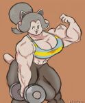  anthro bodily_fluids breasts canid canine clothed clothing dumbbell felid feline female flexing_bicep hair hi_res lerntern mammal muscular muscular_anthro one_eye_closed simple_background solo sweat tem temmie_(undertale) topwear undertale undertale_(series) video_games weights white_body wink 