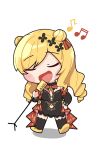  1girl bangs black_dress blush chibi closed_eyes double_bun dress eyebrows_visible_through_hair hand_on_hip long_hair microphone microphone_stand music musical_note nijisanji nijisanji_kr ryuryuyangyang seffyna singing smile solo thighhighs virtual_youtuber 