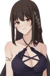  1girl act_(xadachit) bangs bare_shoulders breasts brown_eyes brown_hair cleavage collarbone dress expressionless eyebrows_visible_through_hair girls&#039;_frontline hair_ornament hairclip long_hair looking_at_viewer m4a1_(girls&#039;_frontline) m4a1_(suspender_of_time)_(girls&#039;_frontline) medium_breasts multicolored_hair purple_dress solo upper_body white_background 