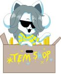  anthro canid canine clothed clothing coin eyebrows eyewear felid feline hair low_res mammal open_mouth raised_eyebrow simple_background sunglasses tem temmie_(undertale) text topwear undertale undertale_(series) video_games white_body 