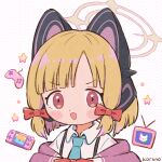  1girl :d animal_ear_headphones animal_ears bangs blonde_hair blue_archive blush_stickers bow collared_shirt eyebrows_visible_through_hair fake_animal_ears hair_bow halo jacket koru_koruno looking_at_viewer momoi_(blue_archive) off_shoulder polka_dot polka_dot_background red_bow red_eyes shirt signature smile solo suspenders upper_body v-shaped_eyebrows white_background white_shirt 