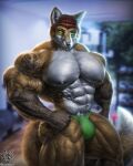  abs anthro biceps big_muscles bulge canid canine clothing dumbbell fox green_eyes hair hi_res huge_muscles huge_thighs jugg4 looking_at_viewer male mammal muscular muscular_anthro muscular_male pecs red_fox red_hair solo tattoo thick_thighs thong underwear weights 