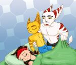  2015 alister_azimuth anthro bed breasts brown_hair clothed clothing eyes_closed female fur furniture group hair humanoid humanoid_pointy_ears lombax male mammal markazian nyarengadget pillow ratchet ratchet_and_clank shirt sleeping sony_corporation sony_interactive_entertainment striped_body striped_fur stripes tail_tuft talwyn_apogee tank_top topless topwear tuft video_games white_body white_fur yellow_body yellow_fur yellow_sclera 