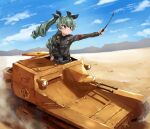  1girl absurdres anchovy_(girls_und_panzer) anzio_(emblem) anzio_military_uniform bangs belt black_belt black_neckwear black_ribbon black_shirt blue_sky carro_veloce_cv-33 cloud cloudy_sky commentary dress_shirt drill_hair driving dust_cloud emblem girls_und_panzer green_hair grey_jacket grin ground_vehicle hair_ribbon hand_on_hip highres holding jacket kurokimono001 long_hair long_sleeves looking_to_the_side military military_uniform military_vehicle motor_vehicle mountainous_horizon necktie pointing red_eyes ribbon riding_crop sam_browne_belt shirt sky smile solo tank twin_drills uniform wind wing_collar 