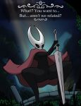  &lt;3 &lt;3_eyes anthro blush cloak cloak_only clothing crouching dialogue english_text female flat_chested genitals hollow_knight hornet_(hollow_knight) melee_weapon pawpadcomrade pussy solo team_cherry text video_games weapon 