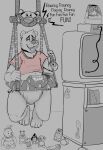  2021 4_toes absurd_res anthro black_and_white_and_red bodily_fluids bottlebear clothed clothing diaper digital_drawing_(artwork) digital_media_(artwork) disney drooling english_text feet fur grey_background hi_res hypnosis infantilism male mammal manor_(bottlebear) mind_control open_mouth saliva sharp_teeth shirt simple_background sketch solo teeth television text toes topwear toy ursid winnie_the_pooh_(franchise) 