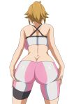  1girl absurdres ass back backboob bike_shorts bra breasts butt_crack commentary cowboy_shot from_behind gundam gundam_build_fighters gundam_build_fighters_try hair_flaps hands_on_own_ass highres hoshino_fumina iwao178 light_brown_hair medium_hair pink_bra pink_shorts ponytail reward_available shorts simple_background skin_tight solo sports_bra standing two-tone_bra two-tone_shorts underwear white_background white_bra white_shorts 