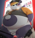  2021 alp_(tas) anthro bake_gosut balls belly blush bodily_fluids bottomwear clothing cute_fangs edit flaccid genitals giant_panda hat headgear headwear hi_res kemono lifewonders male mammal navel necktie overweight overweight_male pants penis police police_badge police_baton police_hat purple_body shirt small_penis solo_focus sweat tokyo_afterschool_summoners topwear uncensored ursid vending_machine video_games white_body 