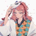  1boy absurdres chinese_commentary closed_mouth collarbone commentary_request falling_petals hand_up haori highres jacket japanese_clothes kimetsu_no_yaiba long_hair long_sleeves male_focus mask mask_on_head petals pink_hair purple_eyes red_pupils rope sabito_(kimetsu) scar scar_on_face signature simple_background smile taowu_(20809) upper_body white_background white_jacket 