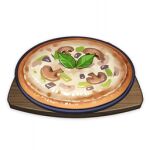  artist_request commentary cutting_board english_commentary food food_focus garnish genshin_impact leaf lowres mushroom no_humans official_art pizza still_life third-party_source transparent_background tray 