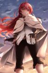  1girl ahoge ass_visible_through_thighs black_gloves black_pants blue_sky blush cape eris_greyrat from_below gloves hair_between_eyes hand_on_hip highres long_hair looking_to_the_side mushoku_tensei pants red_eyes red_hair shirt sky solo sunset sword sword_behind_back weapon white_cape white_shirt zasshu 