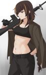  1girl abs act_(xadachit) assault_rifle bangs belt black_belt black_gloves black_pants black_sports_bra black_tank_top blazer braid braided_ponytail breasts brown_eyes brown_hair brown_jacket cleavage closed_mouth collarbone crop_top eyebrows_visible_through_hair feet_out_of_frame girls&#039;_frontline gloves gun hand_on_hip highres holding holding_gun holding_weapon jacket jacket_on_shoulders long_hair looking_away m16 m16a1 m16a1_(girls&#039;_frontline) medium_breasts mole mole_under_eye multicolored_hair navel over_shoulder pants rifle smile solo sports_bra standing tank_top weapon weapon_over_shoulder 