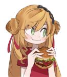  1girl bangs blonde_hair blush burger double_bun eyebrows_visible_through_hair food highres holding holding_food ketchup lettuce long_hair mole mole_under_eye nijisanji nijisanji_kr onionsketch portrait red_shirt seffyna shirt smile solo virtual_youtuber white_background 