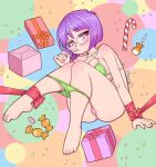  1girl barefoot bikini bikini_pull blush bob_cut bow breasts candy candy_cane christmas_present clothes_pull commentary english_commentary food gift glasses green_bikini invisible_chair kionant knees_together_feet_apart large_breasts lollipop looking_at_viewer medium_hair mouth_hold original purple_eyes purple_hair pussy red_bow round_eyewear sitting solo swimsuit uncensored 