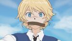  1girl black_necktie blonde_hair blue_eyes blue_sky blush braid cloud collared_shirt darjeeling_(girls_und_panzer) food food_in_mouth french_braid girls_und_panzer looking_at_viewer mito_(mitotank) mouth_hold necktie neon_genesis_evangelion nose_blush parody scene_reference school_uniform shirt short_hair sky solo st._gloriana&#039;s_school_uniform sweater_vest toast toast_in_mouth upper_body white_shirt wide-eyed 