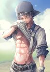  1boy amatsubu backwards_hat belt clothes_lift commentary_request hat highres identity_v muscular navel open_clothes open_shirt shirt_lift sky stomach sunlight 