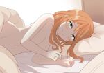  1girl bed blush closed_mouth completely_nude from_side girls&#039;_frontline green_eyes jalm jewelry looking_at_viewer lying nude on_back on_side orange_hair pillow pov_across_bed ring smile solo springfield_(girls&#039;_frontline) wedding_ring 