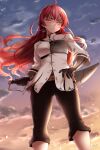  1girl ahoge ass_visible_through_thighs black_gloves black_pants blue_sky blush chest_guard eris_greyrat from_below gloves hair_between_eyes hand_on_hip highres long_hair looking_to_the_side mushoku_tensei pants red_eyes red_hair shirt sky solo sunset sword sword_behind_back weapon white_shirt zasshu 