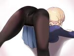  1girl armorganger ass black_legwear blonde_hair blue_skirt blue_sweater braid commentary darjeeling_(girls_und_panzer) facing_away from_behind girls_und_panzer gusset highres jack-o&#039;_challenge long_sleeves meme miniskirt panties panties_under_pantyhose pantyhose pleated_skirt school_uniform shadow short_hair skirt solo spread_legs st._gloriana&#039;s_school_uniform sweater tied_hair top-down_bottom-up twin_braids underwear white_background 