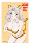  1girl 2022 absurdres animal_ears animal_print bare_shoulders bikini blonde_hair blue_eyes blush breast_hold breasts chinese_zodiac cleavage closed_mouth commentary cowboy_shot english_text eyebrows_visible_through_hair girls_und_panzer hair_intakes hand_in_hair happy_new_year highres jewelry kay_(girls_und_panzer) large_breasts leaning_forward long_hair looking_at_viewer navel necklace new_year orange_background orange_bikini porotto_yontouhei print_bikini simple_background smile solo standing star_(symbol) star_necklace strapless strapless_bikini swimsuit tail tiger_ears tiger_print tiger_stripes tiger_tail twitter_username year_of_the_tiger 