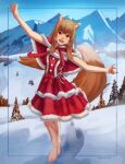 1girl alternate_costume animal_ears artist_name barefoot blue_sky blush breath capelet cold dress fur-trimmed_capelet fur_trim happy highres holo looking_at_viewer mountainous_horizon outstretched_arms pine_tree red_capelet red_dress red_eyes red_ribbon ribbon seraziel sky smile snow solo spice_and_wolf spread_arms steam tail tree winter wolf_ears wolf_tail 