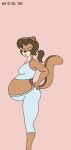  2009 anthro belly big_belly bottomwear breasts brown_hair chipmunk clothing digital_media_(artwork) eyes_closed female ground_squirrel hair mammal pants ponytail pregnant rodent satsumalord sciurid simple_background solo terry_(satsumalord) topwear 
