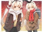  2girls alternate_costume amatsukaze_(kancolle) black_hairband black_legwear blonde_hair brown_coat brown_eyes coat hair_tubes hairband hat highres kantai_collection long_hair long_sleeves mini_hat multiple_girls red_scarf sawatani_(chevalier_04056) scarf shimakaze_(kancolle) smile snowing two_side_up white_hair white_scarf windsock 