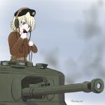  1girl bangs belt beret black_headwear blonde_hair blue_eyes blue_sky braid british_army brown_jumpsuit churchill_(tank) darjeeling_(girls_und_panzer) day girls_und_panzer ground_vehicle hat headphones highres holding jumpsuit long_sleeves looking_to_the_side military military_uniform military_vehicle motor_vehicle open_mouth outdoors porotto_yontouhei pouch radio short_hair sky smile smoke solo tank tied_hair twitter_username uniform world_war_ii 