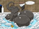  anthro bathtub breasts butt dialogue doodledan86 elephant elephantid female hi_res mammal proboscidean rubber_duck solo 