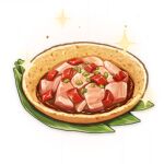  artist_request bowl chili_pepper commentary english_commentary food food_focus garnish genshin_impact leaf lowres meat no_humans official_art sparkle still_life third-party_source transparent_background 