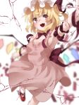  1girl :d absurdres alternate_costume armpits blonde_hair blurry blush breasts cleavage cracked_glass crystal depth_of_field dress fang flandre_scarlet foot_out_of_frame fourth_wall glowing hat highres looking_up mob_cap ninniku_(mfu7324) pink_dress reaching red_eyes sideboob simple_background small_breasts smile soft_focus solo touhou white_background wings 