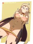  1girl ahoge asymmetrical_bangs bangs blonde_hair bodystocking breasts bridal_gauntlets cape circlet female_pubic_hair fire_emblem fire_emblem_fates highres long_hair looking_at_viewer medium_breasts ophelia_(fire_emblem) panties pantyhose pubic_hair pussy solo thighhighs tobias_wheller turtleneck underwear upper_body yellow_panties 