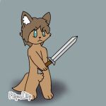  animated anthro blue_eyes brown_body brown_fur canid canine canis crotch_tuft dark_brown_hair dog_tail domestic_dog evaite205 flipaclip fur grey_background inner_ear_fluff male mammal melee_weapon pink_mouth simple_background solo sword sword_swing tail_motion tailwag tuft weapon 