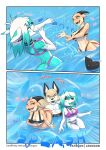  2018 anthro areola areola_slip artica_sparkle bikini blue_body blue_eyes blue_fur breasts canid canine canis chest_tuft cleavage clothed clothing collar comic dialogue dragon ear_piercing ear_ring embrace english_text eyes_closed female fox fur group hug hybrid jogauni laugh leongon male mammal nina_valentine nipple_outline partially_submerged piercing sly_(electronfox777) sly_asakura smile sound_effects splashing standing swimwear tan_body tan_fur text topless tuft url water white_body white_fur wolf yellow_eyes 