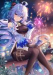  1girl absurdres ahoge bangs bare_shoulders bell black_gloves blue_hair blush bodystocking breasts brown_legwear detached_sleeves dress elbow_gloves fireworks ganyu_(genshin_impact) genshin_impact gloves highres horns large_breasts long_hair looking_at_viewer night night_sky pantyhose purple_eyes shanguier sitting sky solo thighs white_dress 