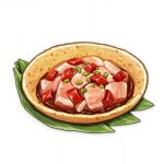  artist_request bowl chili_pepper commentary english_commentary food food_focus garnish genshin_impact leaf lowres meat no_humans official_art still_life third-party_source transparent_background 