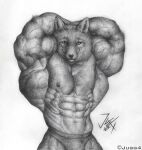  abs anthro big_muscles canid canine clothing fox huge_muscles jugg4 looking_at_viewer male mammal monochrome muscular muscular_anthro muscular_male navel nipples smile solo underwear veiny_muscles 