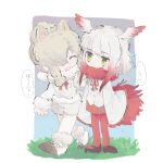  2girls ^_^ alpaca_ears alpaca_suri_(kemono_friends) animal_ears arms_at_sides bangs bird_tail bird_wings blonde_hair blunt_bangs bodystocking chibi closed_eyes empty_eyes extra_ears eyebrows_visible_through_hair facing_another full_body fur-trimmed_sleeves fur_collar fur_scarf fur_trim hair_bun hair_over_one_eye head_wings inu_(user_arjr4358) japanese_crested_ibis_(kemono_friends) kemono_friends leaning_forward long_bangs long_sleeves looking_at_another medium_hair multicolored_hair multiple_girls open_mouth pantyhose red_hair red_legwear scarf shoes shorts sidelocks skirt sleeves_past_wrists smile standing sweater_vest tail two-tone_hair walking white_hair wide_sleeves wings yellow_eyes 