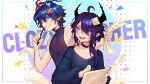  2others androgynous animal_ears blue_eyes blue_hair choker clozy_(vtuber) demon demon_horns highres horns indie_virtual_youtuber looking_at_another multiple_others pale_skin pointy_ears purple_eyes purple_hair tattoo virtual_youtuber xeapher xeapher_(vtuber) 