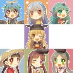  6+girls :&lt; ajirogasa antennae aqua_hair black_hair black_headwear blonde_hair blue_sleeves blush blush_stickers bow braid brown_eyes brown_hair butterfly_wings buttons capelet clenched_hands closed_mouth cloud_print collared_shirt constellation_print curly_hair detached_sleeves dress eternity_larva eyebrows_visible_through_hair fairy fang green_dress green_eyes green_hair grey_dress hair_between_eyes hat hidden_star_in_four_seasons horns index_finger_raised kariyushi_shirt keiko_(emoticon) komano_aunn leaf leaf_on_head long_hair matara_okina multicolored_clothes multicolored_dress multiple_girls nishida_satono one_eye_closed open_mouth orange_sleeves pink_dress portrait purple_eyes red_bow red_capelet red_eyes red_shirt sakata_nemuno shirt short_hair short_hair_with_long_locks short_sleeves single-shoulder_dress single_horn smile sun_symbol tabard teireida_mai touhou twin_braids upper_body wavy_hair white_hair wide_sleeves wings yatadera_narumi yellow_bow yellow_dress yellow_eyes 