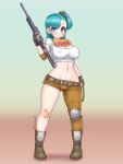 1girl asymmetrical_clothes bandaid bandaid_on_knee belt blue_eyes blue_hair blush boots breasts brown_belt brown_footwear brown_gloves bulma cleavage closed_mouth covered_nipples dragon_ball dragon_ball_(classic) finger_on_trigger fingerless_gloves full_body gloves gun holding holding_gun holding_weapon kionant large_breasts looking_at_viewer midriff navel one_side_up pigeon-toed rifle signature single_pantsleg smile solo weapon 